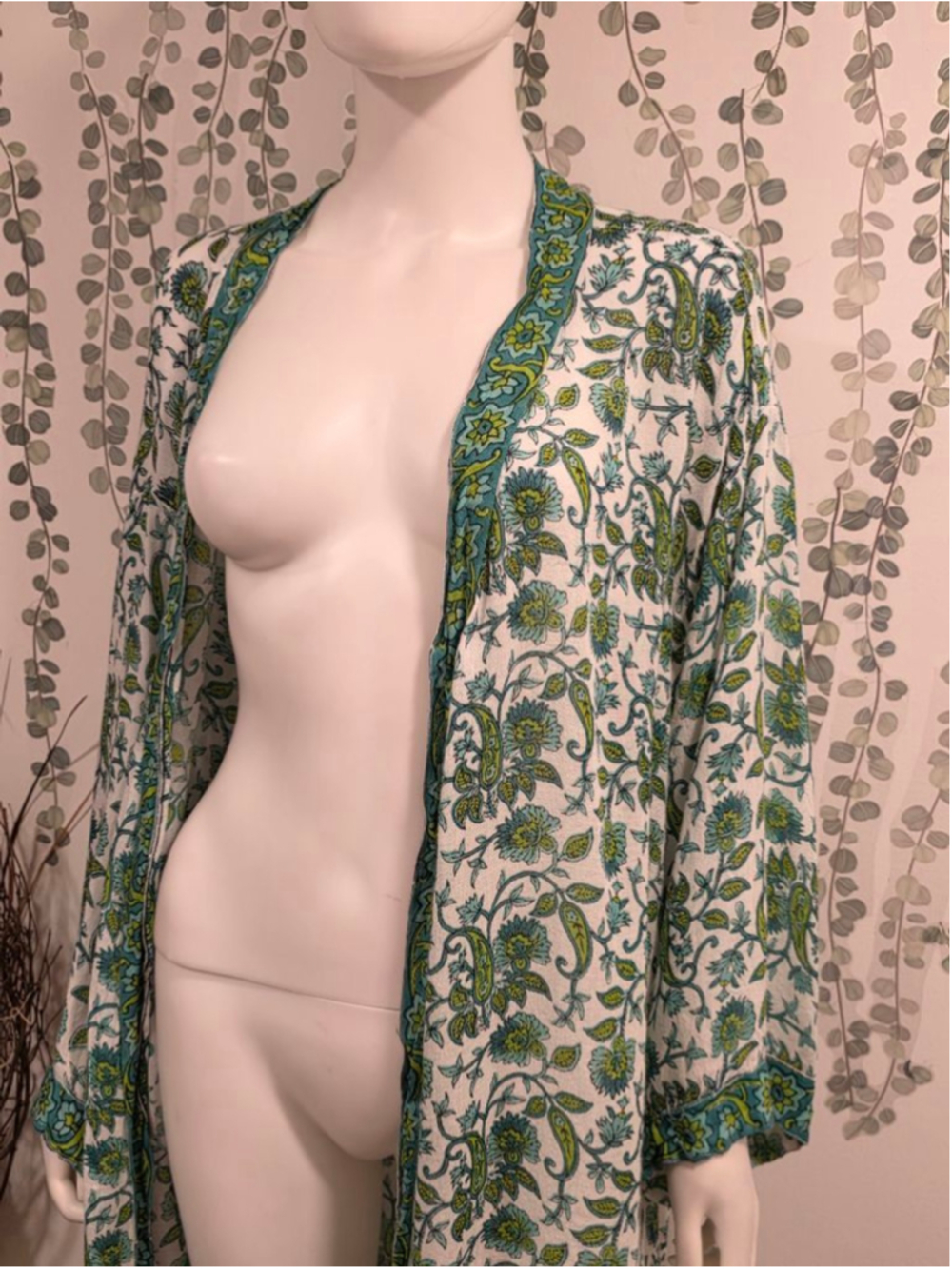 Raj Floral Duster Kimono One Size Green Blue Paisley Boho Lightweight - Picture 4 of 7